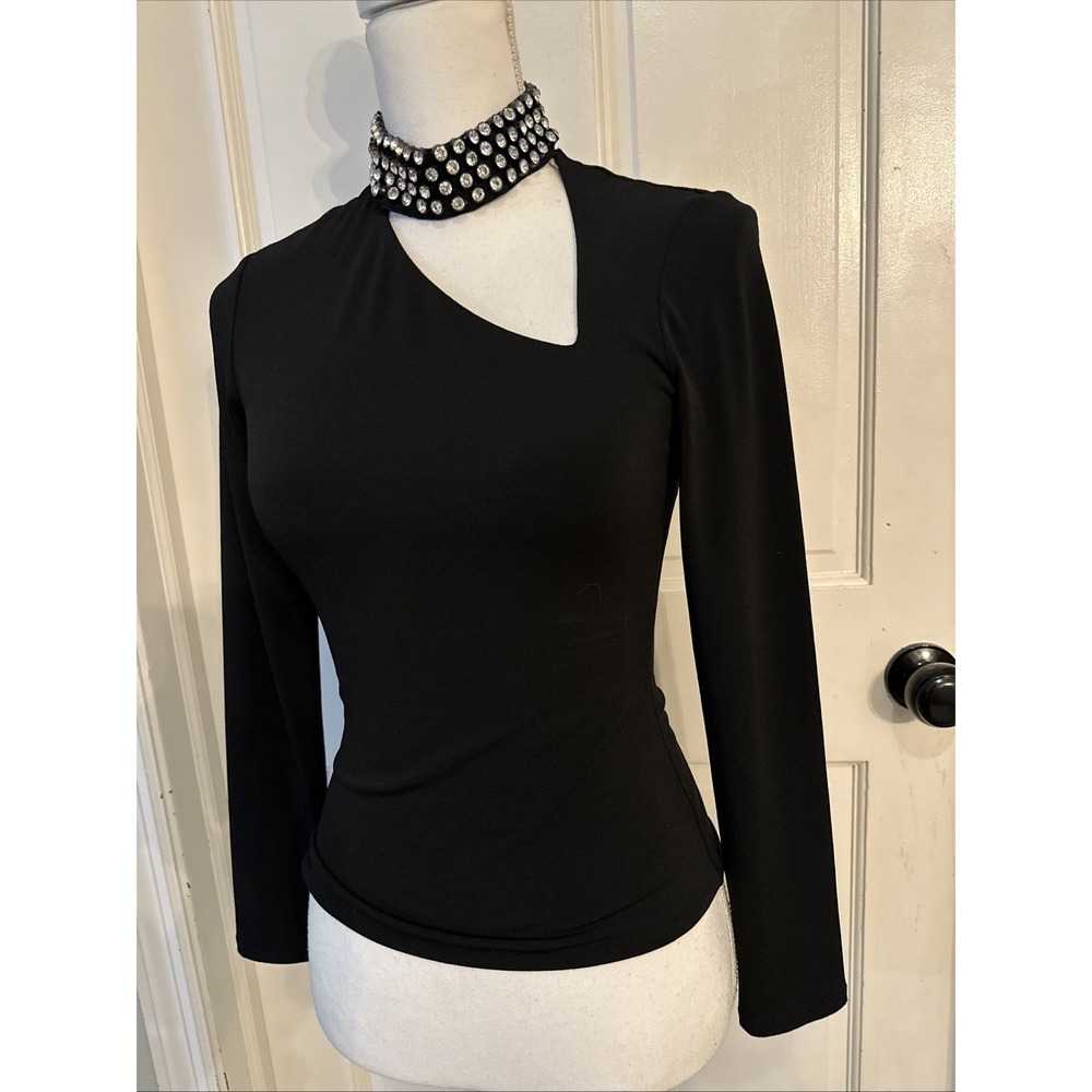 Alice + Olivia black long-sleeve fitted asymmetrical Cutout Rhinestone Neck Sz S